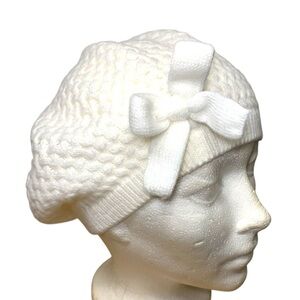 White Knit Beanie with Bow One Size Feminine Beret